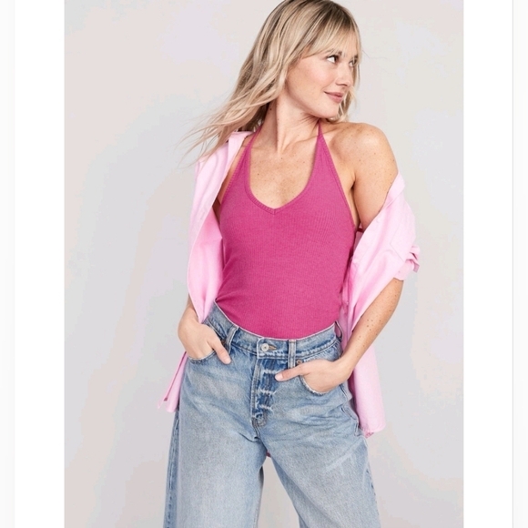 NWT Old Navy Womens Hot Pink Ribbed V-neck Halter Tie Tank Top Built In Bra M - Picture 3 of 14